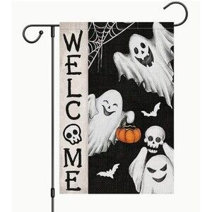 Welcome Garden Flag for Halloween 12x18in Ghosts pumpkin skulls double sided